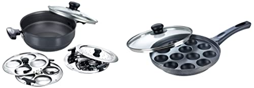 Prestige Aluminium Omega Select Plus Paniyarakkal (240 Mm, Black), Black & Svachh Deluxe Alpha 8 Litre Pressure Cooker & Aluminium Multi-Kadai 220 mm, Black & Silver