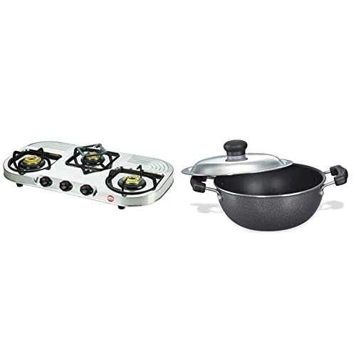 Prestige DGS 03 L Gas Stove, Silver & Omega Select Plus Non-Stick Flat Base Kadai with Lid, 20cm, 2.2 Litres, Black Combo