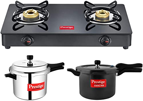 Prestige IRIS LPG Gas Stove, 2 Burner, Powder coater Mild Steel with Glass Top, Manual&Prestige Popular Outer Lid Pressure Cooker, 5ltrs&Prestige Svachh 5ltr Pressure Cooker with Hard Anodized Body