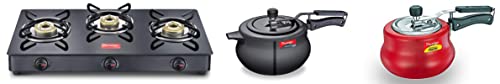 Prestige IRIS LPG Gas Stove, 3 Burner, Black, Glass, Manual & Svachh Nakshatra Plus Hard Anodised 5 Litre Pressure Handi & Prestige Svachh, 10752, 3 L, Nakshatra Duo Red Handi