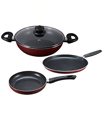 Prestige Induction Base Aluminium Fry Pan, Tawa, Kadai Cookware Set, Maroon, 1 Piece Fry Pan, 1 Piece Tawa, 1 Piece Kadai