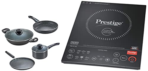 Prestige Induction Cooktop PIC 6.1 V3 and Omega Granite Aluminium Kitchen Set, 4-Pieces, Black