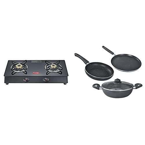Prestige Marvel Plus 2 Burner Glass top, GTM 02 + Prestige Omega Deluxe Granite 3 Pcs with 1 Glass Lid Combo