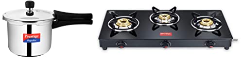 Prestige Marvel Plus 3 burner Glass top, GTM 03, Black, Manual Ignition & Prestige Popular Stainless Steel Outer Lid Pressure Cooker, 3 Litres, Silver