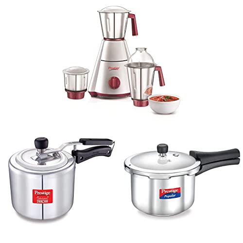 Prestige Nakshatra Plus 750W 750-Watt Mixer Grinder - Nakshatra Plus with 3 Jars (White/Red) + Prestige Popular Stainless Steel Pressure Cooker, 3 litres, Silver Combo