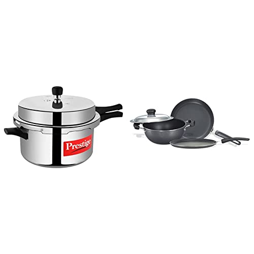 Prestige Non-Induction Base Aluminium Pressure Cooker And Fry Pan, Omni Tawa With Kadai Set, 7.5 Liters, Silver