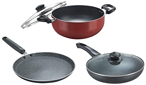 Prestige OMG DLX Induction Base Non-Stick Aluminium Deep Kadhai, 24cm, Red&Prestige Omega Deluxe Granite Dosa Tawa, 30cm, Black&Prestige Aluminium Omega Deluxe Granite Fry Pan with Lid, 26 cm,Black