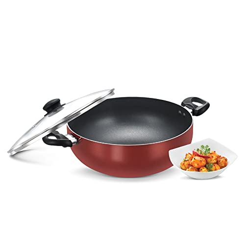Prestige OMG DLX Induction Base Non-Stick Aluminium Deep Kadhai, 30cm, Red