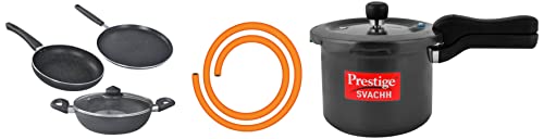 Prestige Omega Deluxe Granite Aluminium Kitchen Sets with 1 Glass Lid (Black) - 3 Pieces&Prestige Svachh 3 Litre Aluminium Pressure Cooker with Hard Anodized Body (Black) LPG Hose, Multi