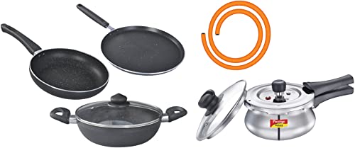 Prestige Omega Deluxe Granite s with 1 Glass Lid - 3pcs Deluxe Alpha Svachh Outer Lid Pressure Cooker 1.5L with Glass Lid (with Deep Lid for Spillage Control) LPG Hose