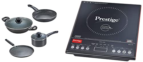 Prestige PIC 3.1 V3 2000-Watt Induction Cooktop with Touch Panel (Black) & Prestige Omega Granite Aluminium Kitchen Set, 4-Pieces, Black