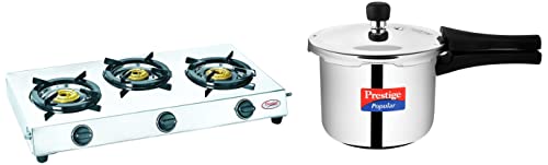 Prestige Perfect Stainless steel 3 Burner Gas Stove, Manual Ignition, Metallic Silver + Prestige Popular Stainless Steel Pressure Cooker, 3 Litres, Silver COMBO