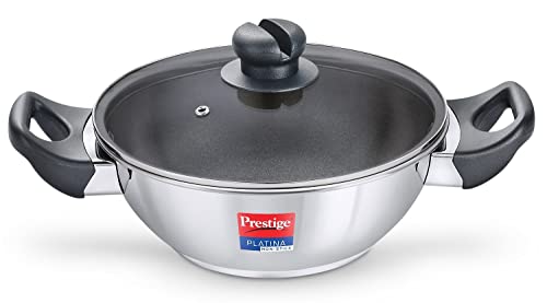 Prestige Platina Non-Stick Stainless Steel Kadai withglass Lid(22cm)|Even Heat Distribution|Sturdy & Heat Resistant Handles|Gas & Induction Compatible|5 Years Warranty