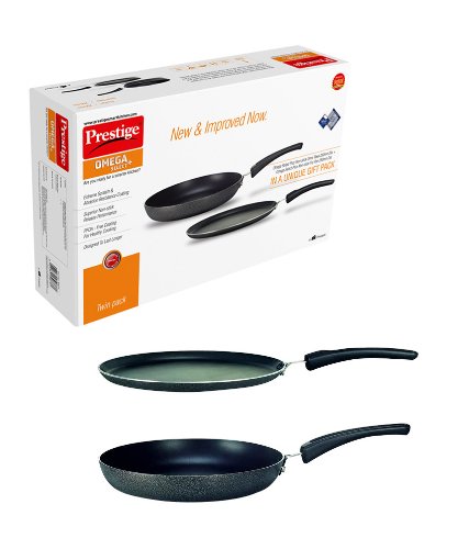 Prestige Stainless Steel Omega Select Plus Twin Pack Of Cookware Set Including Non Stick Roti Tawa And Fry Pan (1 Unit -Omni Tawa 275Mm, 1 Unit Fry Pan 200Mm), Black