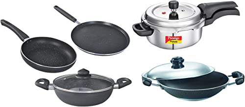 Prestige Svachh, 20255, 5 L, Deep Pressure Pan, Outer Lid & Deluxe Granite s with 1 Glass Lid - 3pcs & Select Plus Residue Free Non-Stick Deep Appachetty with Lid, 20cm