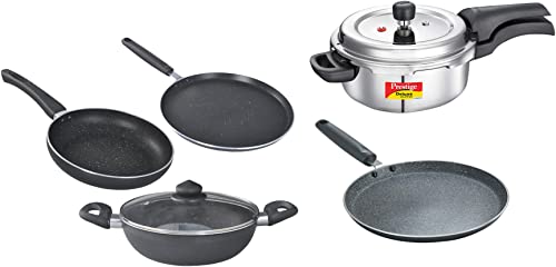 Prestige Svachh, 20255, 5 L, Deep Pressure Pan, Outer Lid&Prestige Omega Deluxe Granite Dosa Tawa, 28 cm&Prestige Omega Deluxe Granite s with 1 Glass Lid - 3pcs