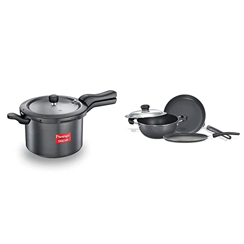 Prestige Svachh 5 Litre Aluminium Pressure Cooker with Hard Anodized Body (Black) & Prestige Omega Select Plus Residue Free Non-Stick Kitchen Set, 3-Pieces, black/Silver, Aluminium