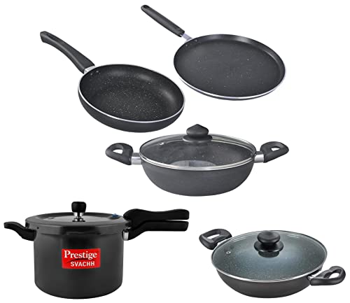Prestige Svachh 5 Litre Pressure Cooker (Black)&Prestige Omega Deluxe Granite Aluminium Kitchen Sets with 1 Glass Lid (Black) - 3 Pieces&Prestige Aluminium Omega Deluxe Granite Kadhai, 26cm, Black