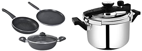 Prestige Svachh Clip-on 5 Litre Stainless Steel Outer Lid Pressure cooker & Prestige Omega Deluxe Granite Aluminium Kitchen Sets with 1 Glass Lid (Black) - 3 Pieces