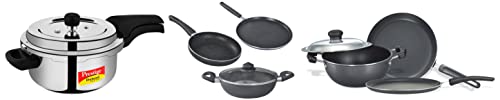 Prestige Svachh Deluxe Alpha 3.0ltr Outer Lid Pressure Cooker & Select Plus Residue Free Non-Stick, 3-Pieces & Deluxe Granite s with 1 Glass Lid - 3pcs