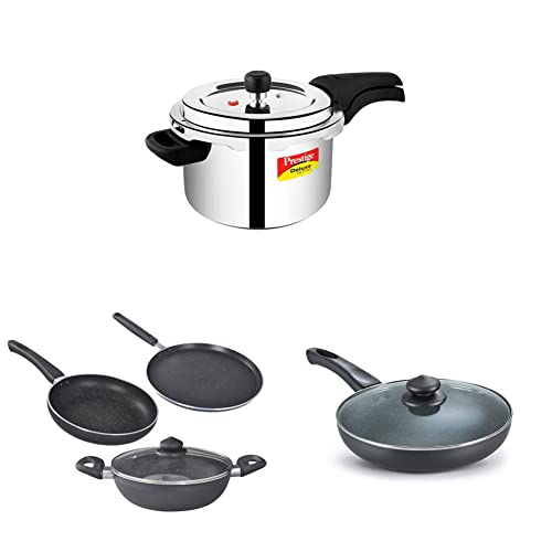 Prestige Svachh Deluxe Alpha 4ltr Outer Lid Pressure Cooker&Prestige Omega Deluxe Granite s with 1 Glass Lid - 3pcs&Prestige Omega Deluxe Granite Fry Pan with Lid, 26 cm