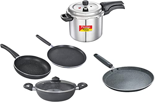 Prestige Svachh Deluxe Alpha 5.5ltr Outer Lid Pressure Cooker&Prestige Omega Deluxe Granite Dosa Tawa, 28 cm&Prestige Omega Deluxe Granite s with 1 Glass Lid - 3pcs
