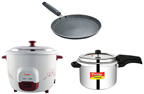 Prestige Svachh Deluxe Alpha 6.5 Litre Stainless Steel Outer Lid Pressure Cooker&Prestige Omega Deluxe Granite Dosa Tawa, 28 cm, Black&Prestige PRWO 1.8 Liters Red Colour Rice Cooker