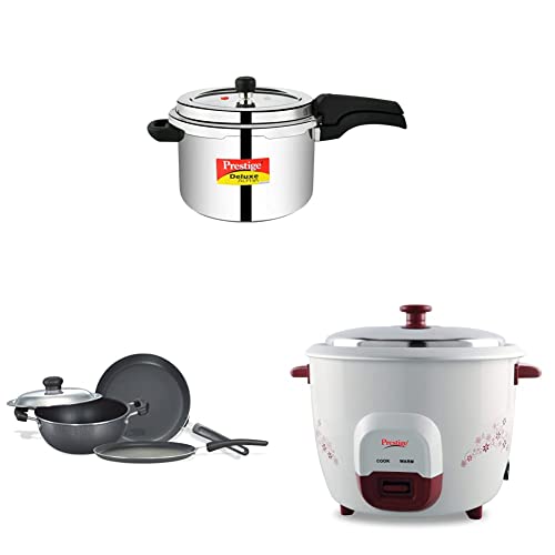 Prestige Svachh Deluxe Alpha 6.5ltr Outer Lid Pressure Cooker&Prestige Omega Select Plus Residue Free Non-Stick, 3-Pieces&Prestige PRWO 1.8 Liters Red Colour Rice Cooker