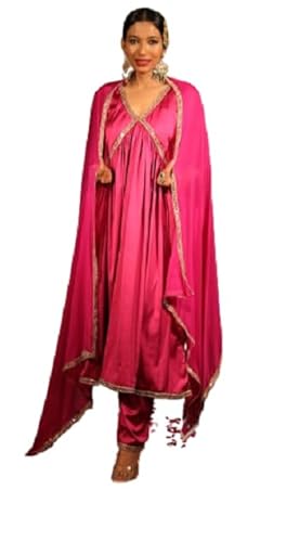 QUEEN STATE Chamak Anarkali Suit Set Palazzo with Dupatta Set for Women and Girls - Lightweight, Absorbant, Sun Protection, Adjustable, Regular Style (XXX-Large Size - Pink Color)