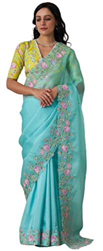 RANGOLI ART Saree For Womens And Girls Pure Organza Silk Fabric Saree With handwork (Khatli) work on Digital printed Heavy Work Saree (Sky Blue)