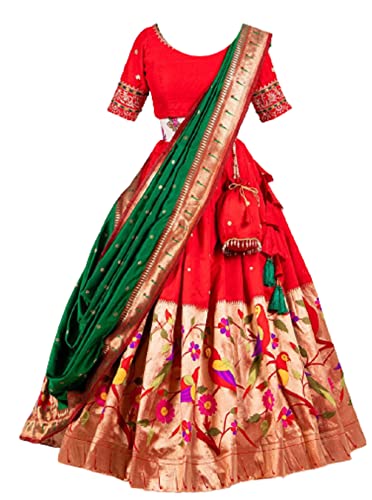 RANGOLI ART Womens And Girls Pure Jacquard Silk(Patola Paithani) Fabric With Weaving Zari Work Work Lehengha Choli For Speciel traditional events Red