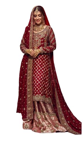 Saraswati Fashion Georgette Heavy Embriodered Pearl & Stone Work Pakistani Suit Sharara Palazzo Suit For Women & Girls (Dark Red)