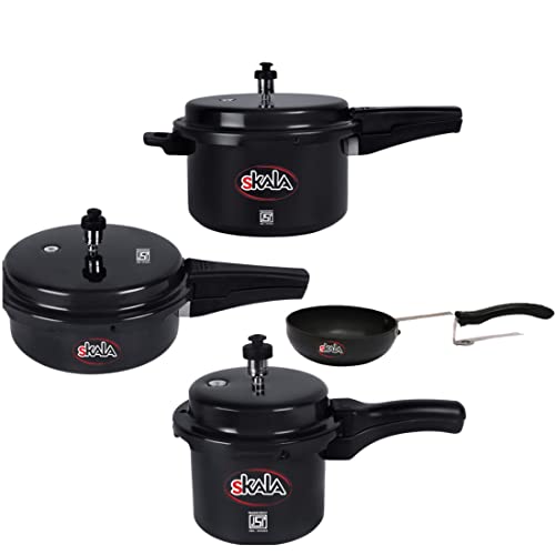 Skala Combo Pack of Nonstick 5 Outer Lid Pressure Cooker || 3 Ltr Junior Pressure Pan || 2Ltr Outer Lid Pressure Cooker || 12 cm Tadka Pan || Hard Anodised Aluminium || Nonstick Cookware Set || Non-Induction Base (Black)