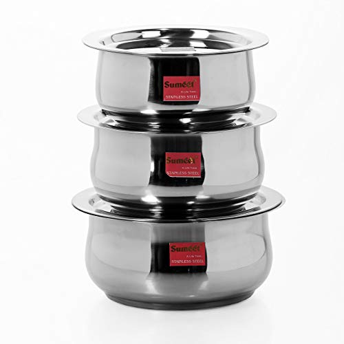 Sumeet Stainless Steel Cookware Set With Lid, 1.6, 2.1 Liters, 3 Piece (Steel)