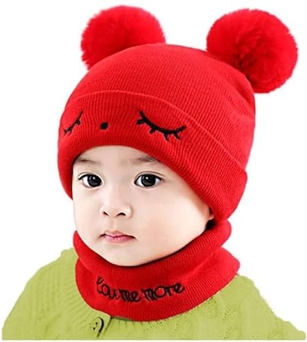 TENDSY Baby Knit Hat Scarf Set Toddler Girls Boys Winter Pom Pom Beanie Cap Neck Warmer (For Age 6 Months to 5 Years) (Red)