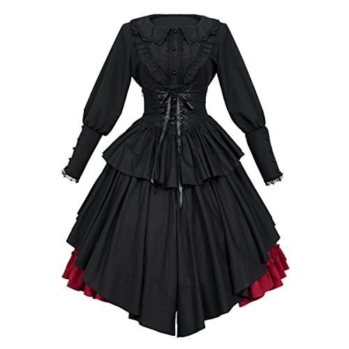 Taamlou Gothic Half Skirt and Shirt Two Piece Set with Black and red Color Matching Dress (M, Short Skirt,Shirt)