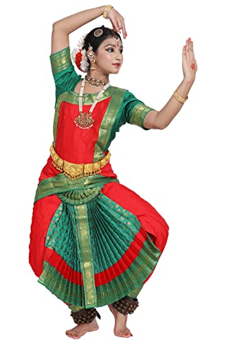 The Dance Bible Red Green Readymade Silk Bharatanatyam Dance Costume for Girls - 34
