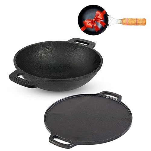 The Indus Valley Pre-Seasoned Cast Iron Cookware Set + Free Iron Tadka Pan | Kadai (25.4cm/2.3L) + Tawa (30.5cm) | Kitchen Cooking Combo Pots and Pans Set of 3Pcs | Naturally Nonstick