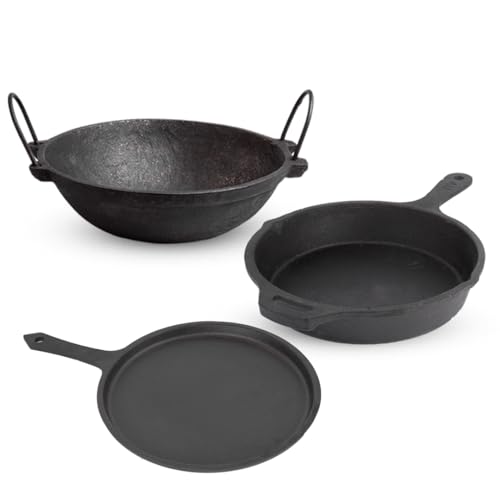 The Indus Valley Pre-Seasoned Cast Iron Cookware Set | Kadai (24.7 cm/2L) + Tawa (26 cm) + Fry Pan (25 cm/1.6L) | Kitchen Cooking Combo Pots and Pans Set of 3Pcs | Naturally Nonstick