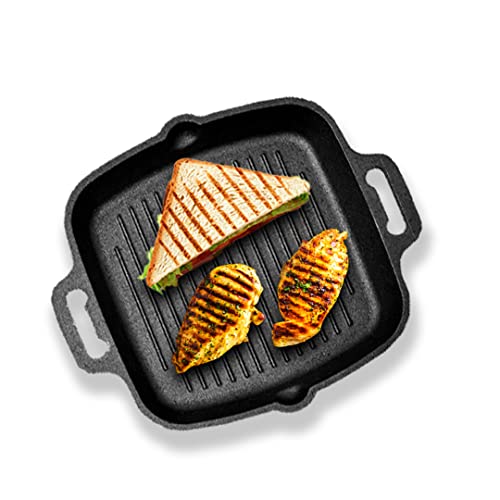 The Indus Valley Pre-Seasoned Cast Iron Grill Pan with Double Handle | Medium, 26.7 cm/10.5 inch, 1.8Ltr, 3.3kg | Induction Friendly | 100% Pure & Toxin-Free, No Chemical Coating, Black