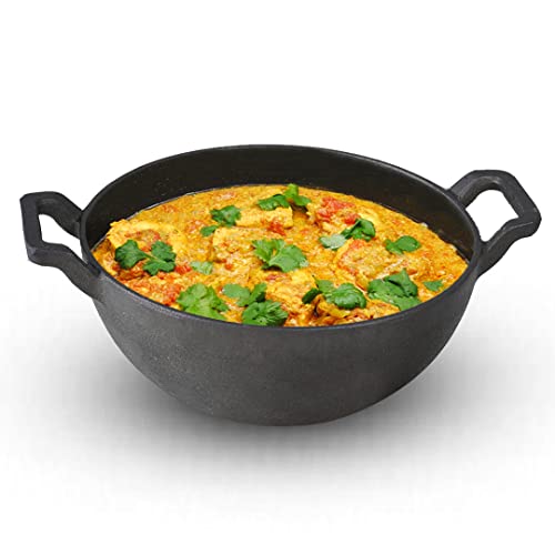 The Indus Valley Pre-Seasoned Cast Iron Kadai with Curved Handles | Small, 21 cm/8 inch, 1.7Ltr, 1.7kg | Induction Friendly | Naturally Nonstick Kadhai, 100% Pure & Toxin-Free, No Chemical Coating