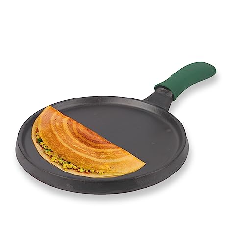 The Indus Valley Pre-Seasoned Cast Iron Tawa for Dosa/Chapathi with Silicone Grip | 25.5cm/10 inch, 2.1kg | Induction Friendly | Naturally Nonstick, 100% Pure & Toxin-Free, No Chemical Coating