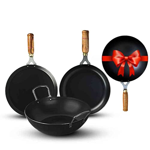 The Indus Valley Pre-Seasoned Iron Cookware Set + Free Wok (25 cm) | Kadai (24 cm) + Fry Pan (24 cm) + Tawa (26 cm) | Kitchen Cooking Combo Pots and Pans Set of 4Pcs | Naturally Nonstick