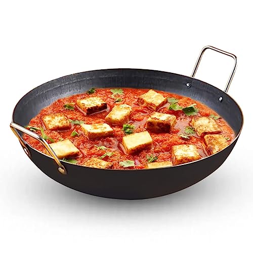 The Indus Valley Pre-Seasoned Iron Kadai with Strong Handles | Small, 20.7 cm/8.1 inch, 1.4Ltr, 0.64kg, Induction Friendly, Pre-Seasoned Iron Kadhai, 100% Pure & Toxin-Free, No Chemical Coating, Black