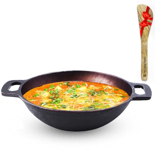 The Indus Valley Super Smooth Cast Iron Kadai with Free Wooden Spatula | Medium, 25.4cm/10 inch, 2.5Ltr, 2.4kg | Naturally Nonstick, Pre-Seasoned Kadhai, 100% Pure & Toxin-Free, No Chemical Coating