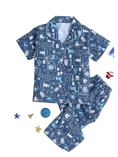 The Magic Wand Xmas Trees and Merry Christmas Printed Navy Blue Half Sleeves Lounge Unisex Night Suit Set for 1-2 Years Kids, Night wear for Girls & Boys