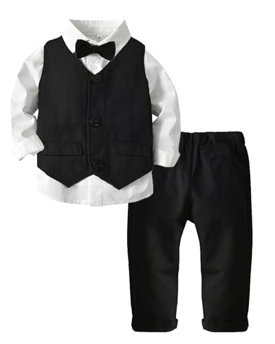 Toddler Boy Clothes 3 Piece Vest Set, Baby Boy Clothes Gentleman Bow Tie Outfit, Little Boy Clothes Suit, Plain Long Sleeve Button Down Shirt Pants Formal Dresswear, Black, 9-12 Months =Tag 80