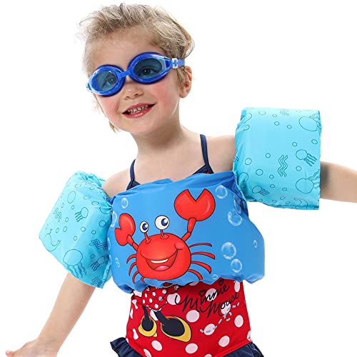 Toddler Swim Vest for Training Playing with Sleeves Cartoon Pattern Securely Fixed Ajustable Strap Swimming Pool Floaties for Kids 30-50 Pounds Boys and Girls Age 2-7 Years (Blue Crab)