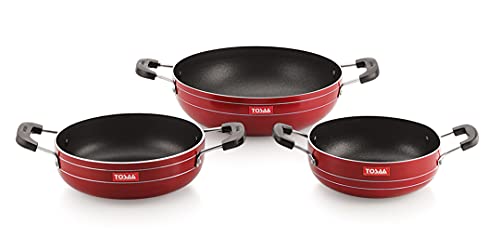 Tosaa Popular Nonstick Cookware Kadhai Gift Set of 3 Pcs , Brown Red, Standard (TP3KSBR)