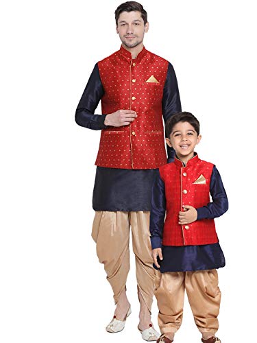 VASTRAMAY Baap Beta Maroon Ethnic Jacket Kurta and Dhoti Pant Set (Man-46 Size/Boy-13-14 Years)